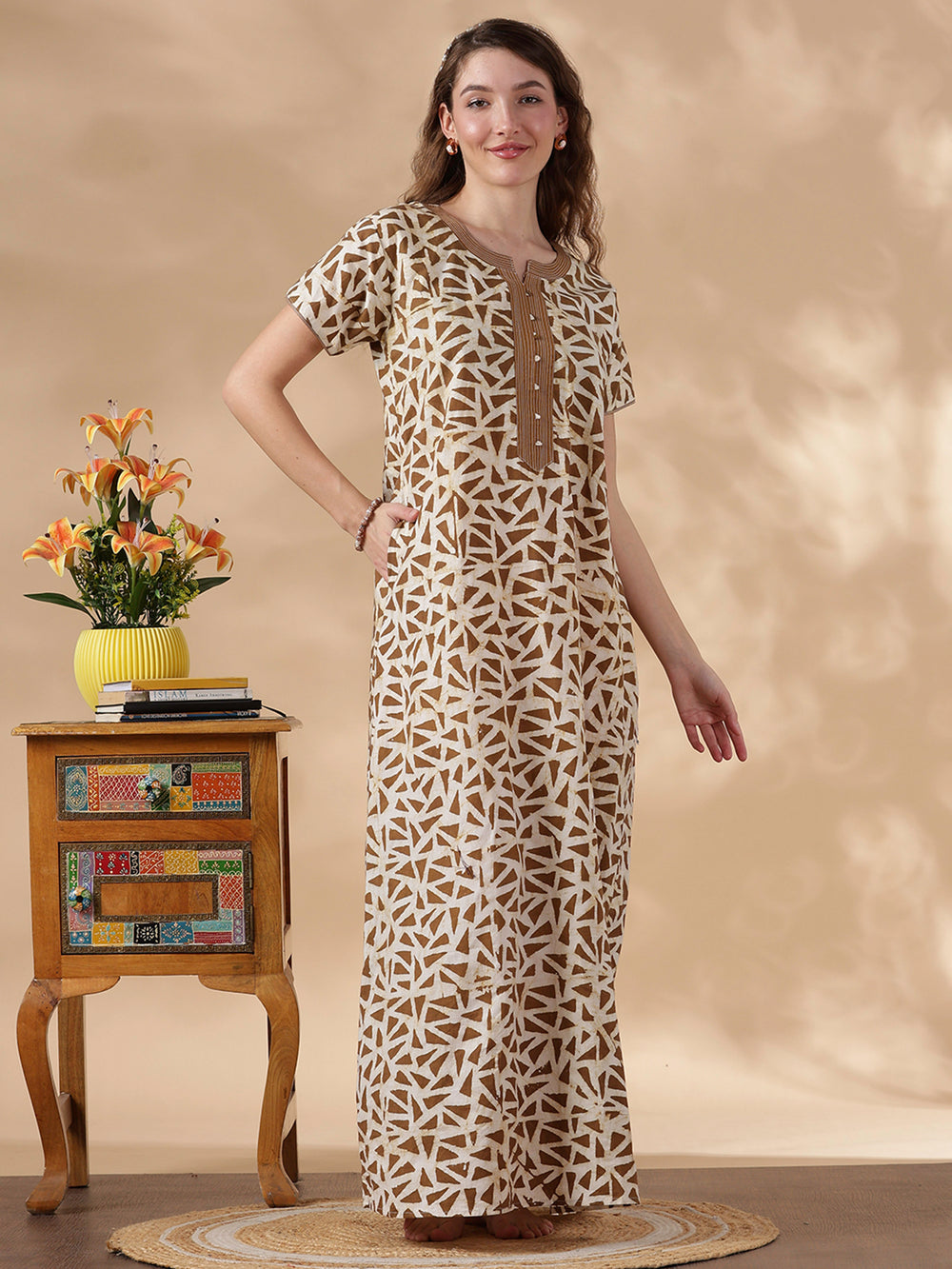 Olive brown pure cotton nighty with batik print