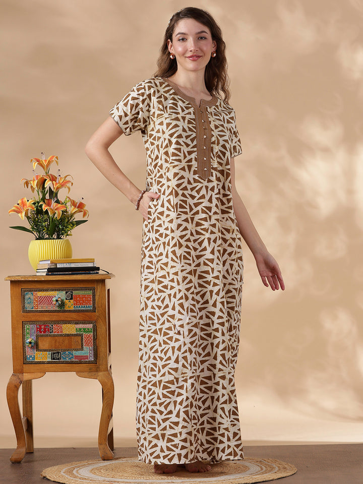 Olive brown pure cotton nighty with batik print