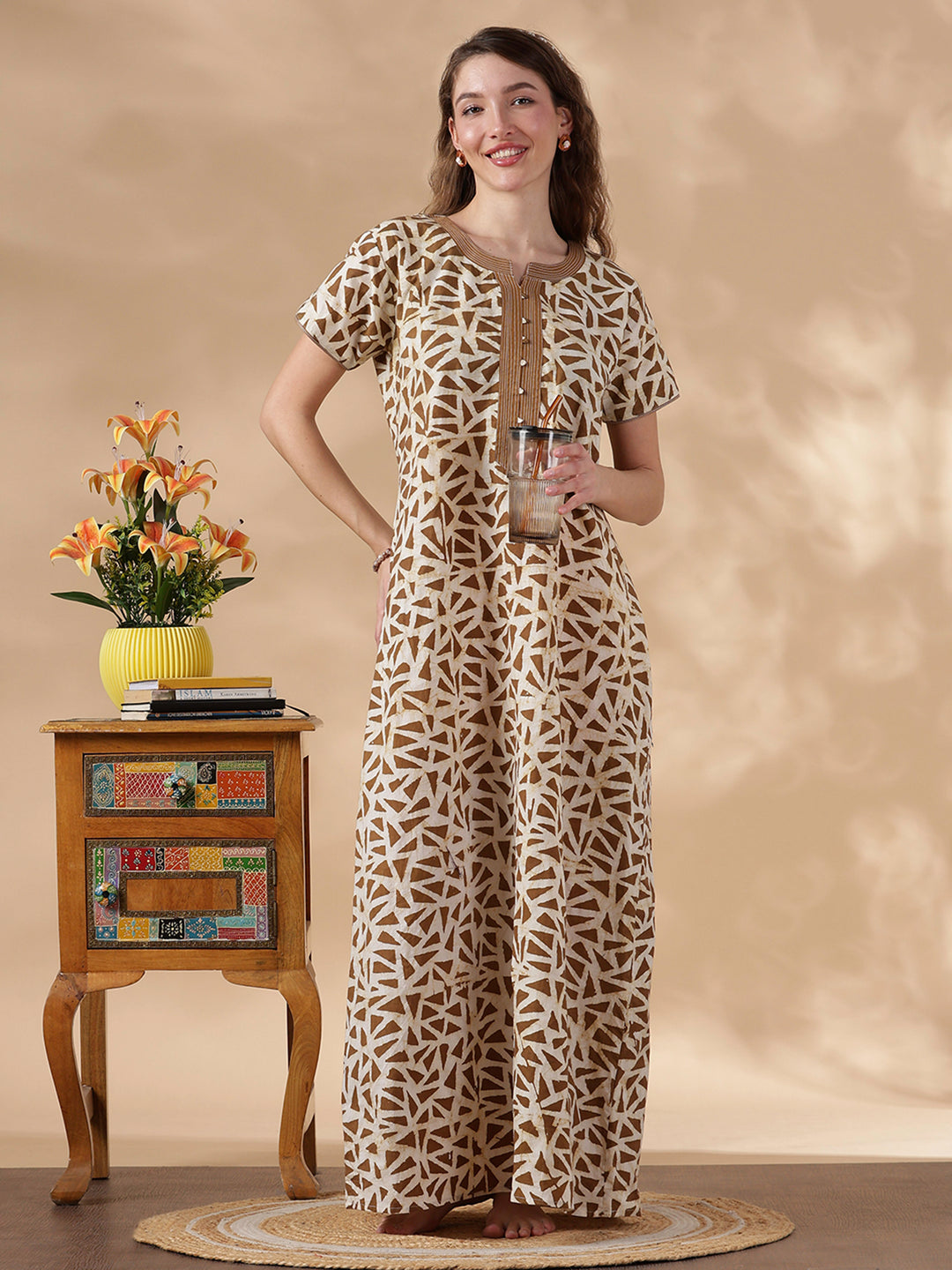 Olive brown pure cotton nighty with batik print