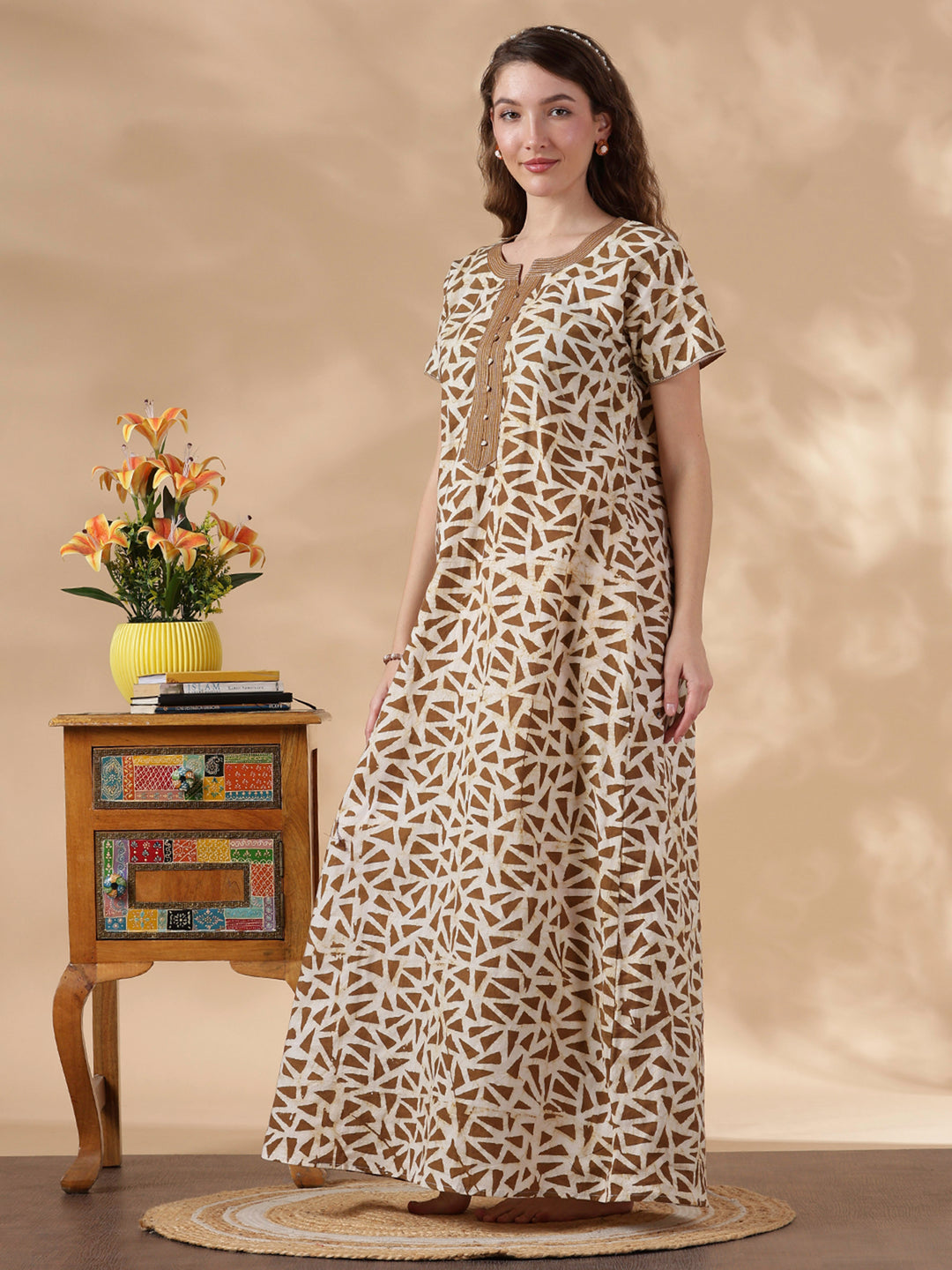 Olive brown pure cotton nighty with batik print