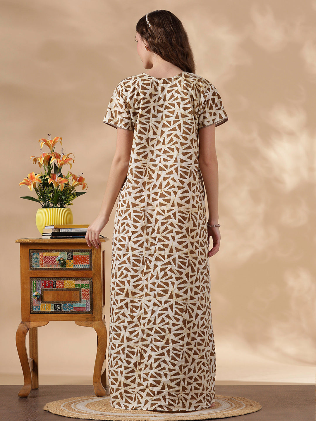 Olive brown pure cotton nighty with batik print