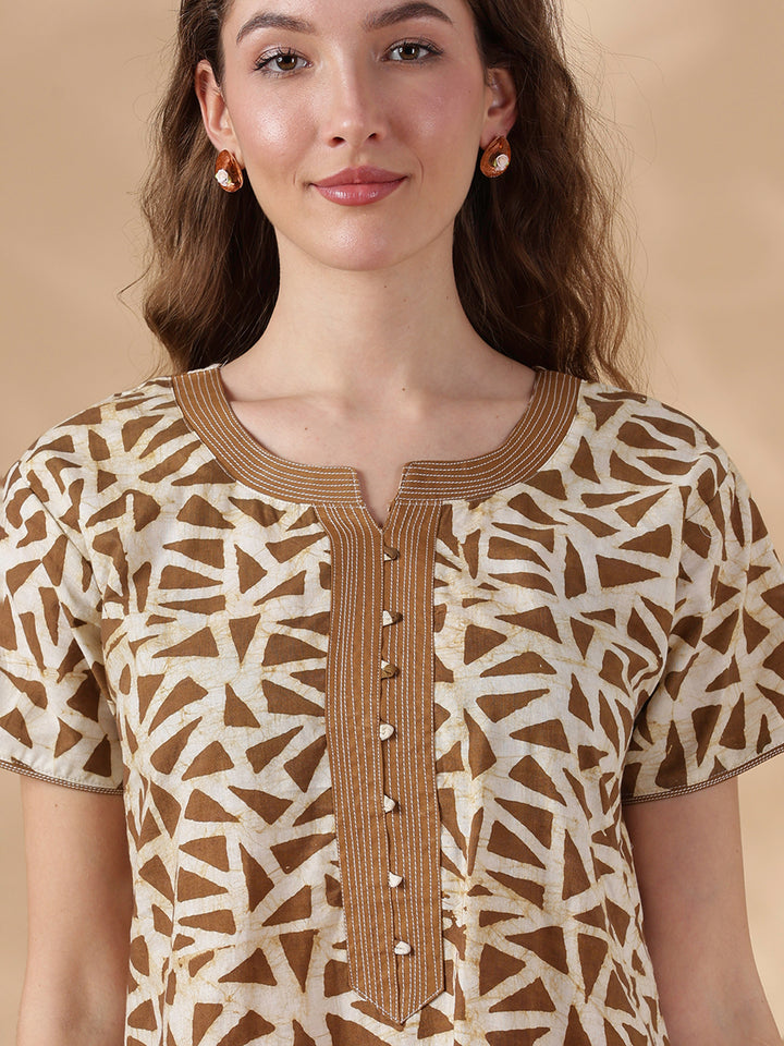 Olive brown pure cotton nighty with batik print