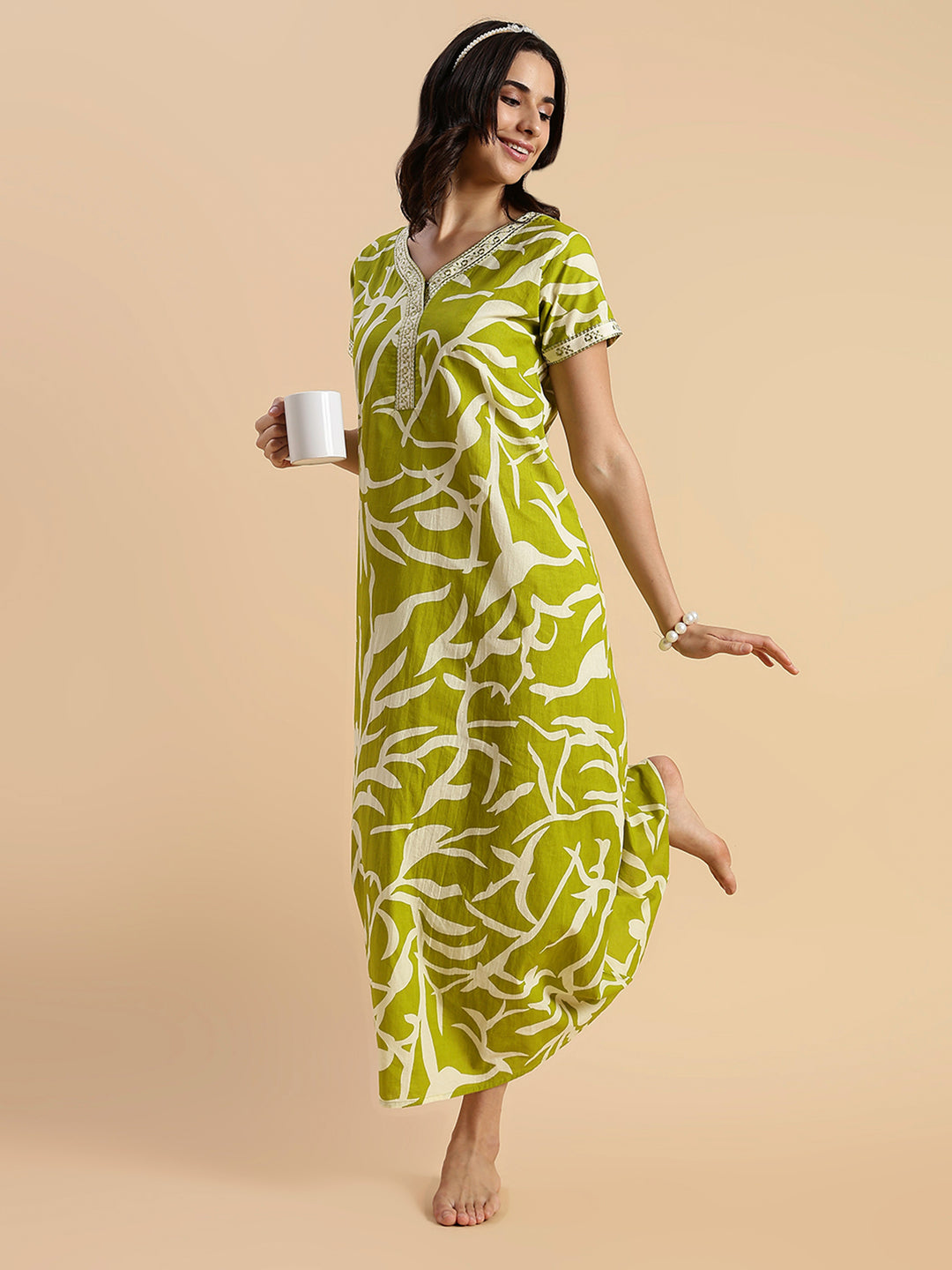 Olive Meadow Leaf Print Premium Pure Cotton Nighty for Women