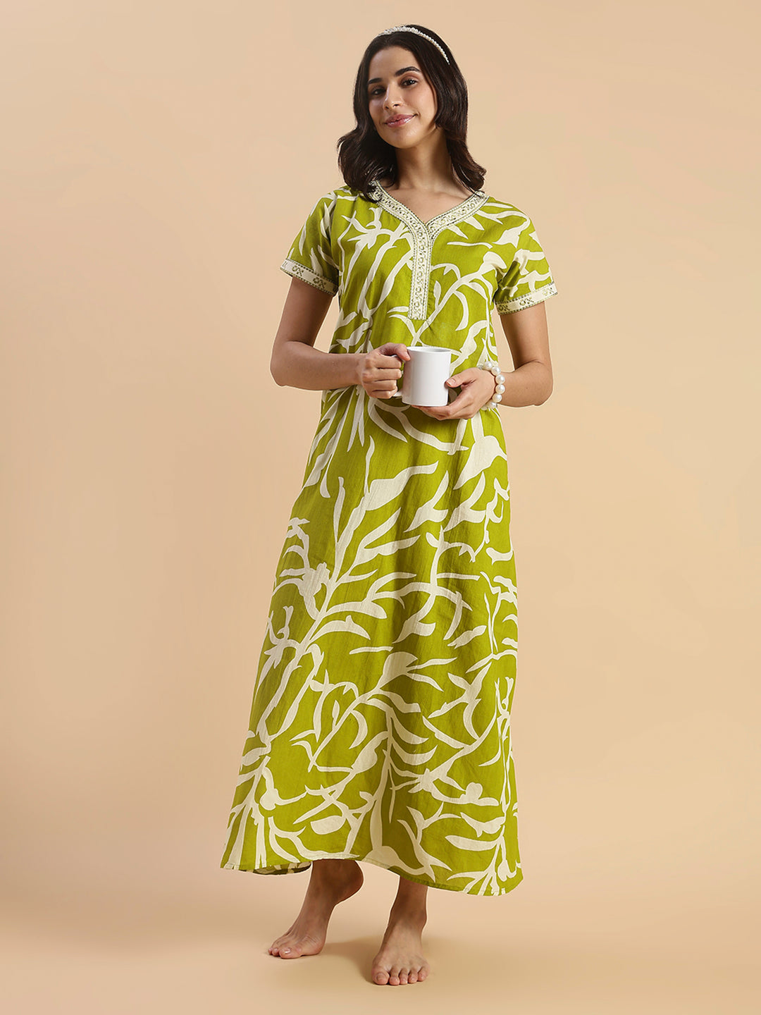 Olive Meadow Leaf Print Premium Pure Cotton Nighty for Women