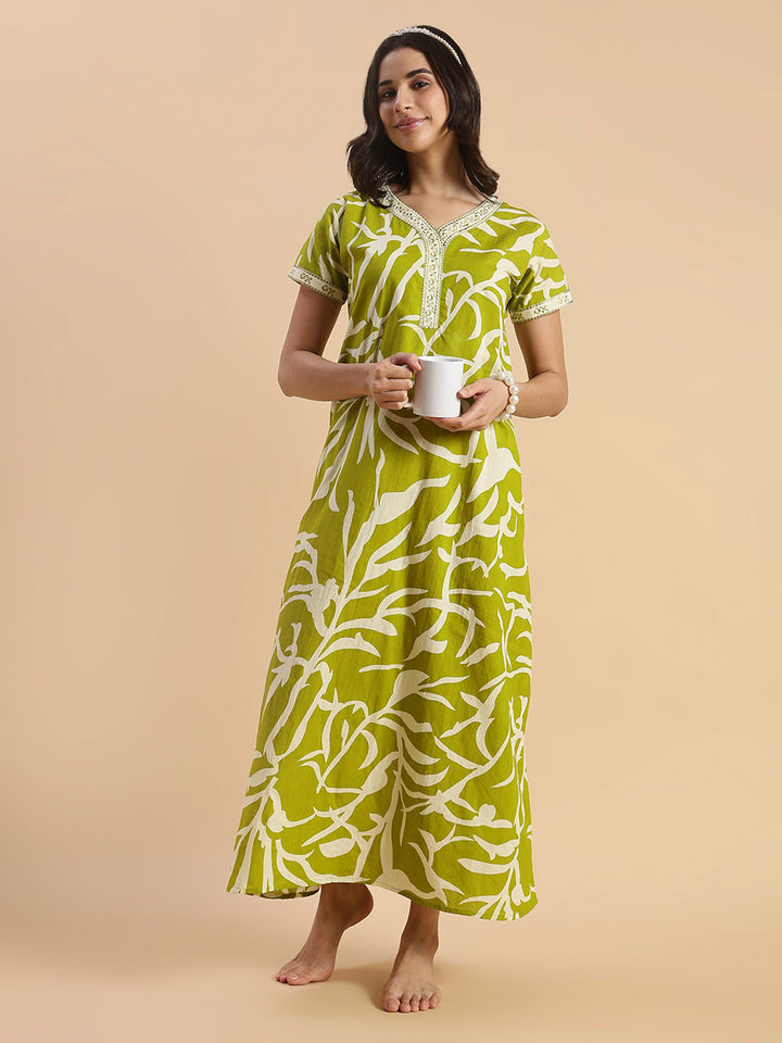 Olive Meadow Leaf Print Premium Pure Cotton Nighty for Women