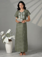 Charm Olive Floral Embroidered Pure Cotton Nighty for Women