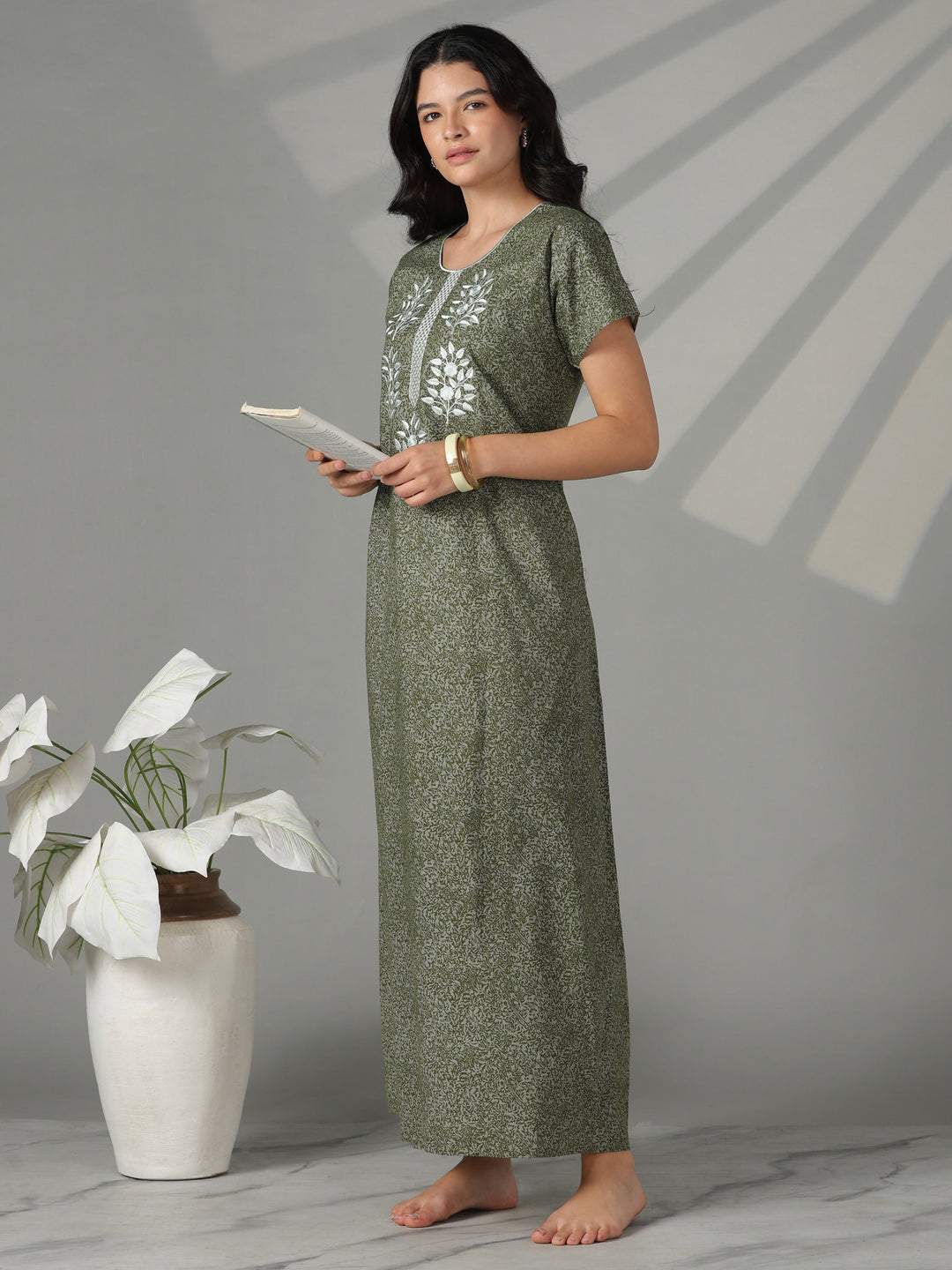 Olive floral embroidery cotton nighty dress for women