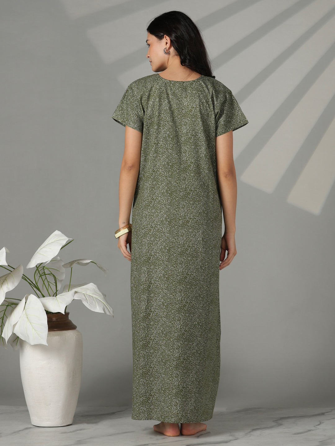 Olive floral embroidery cotton nighty dress for women