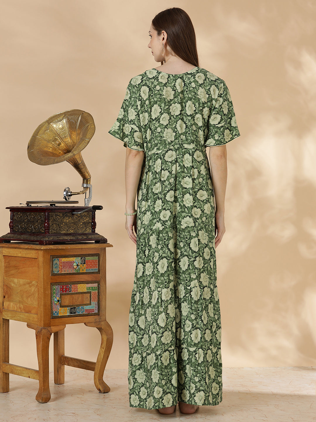 Soft relaxed fit olive green nighty for women In rayon