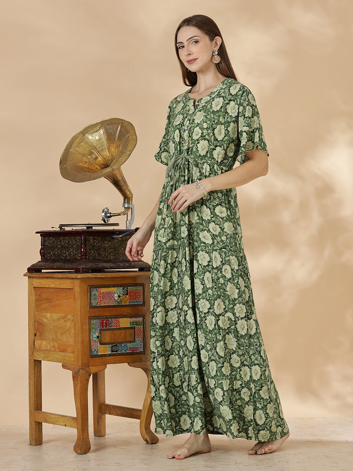 Soft relaxed fit olive green nighty for women In rayon