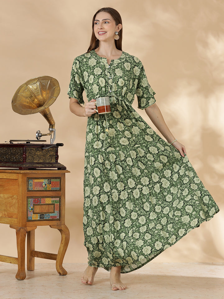 Soft relaxed fit olive green nighty for women In rayon