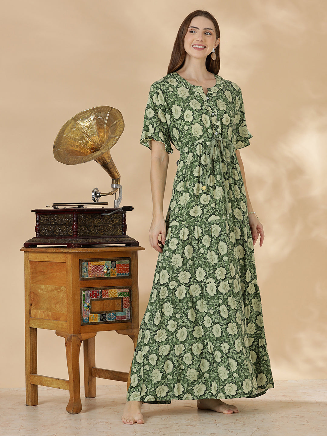 Soft relaxed fit olive green nighty for women In rayon