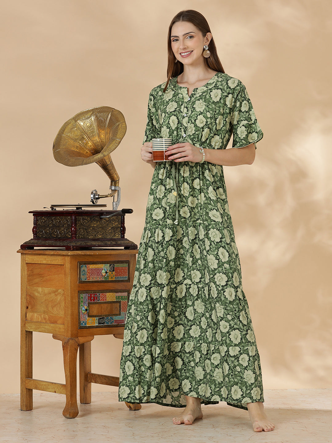 Soft relaxed fit olive green nighty for women In rayon