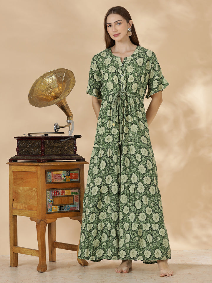 Soft relaxed fit olive green nighty for women In rayon