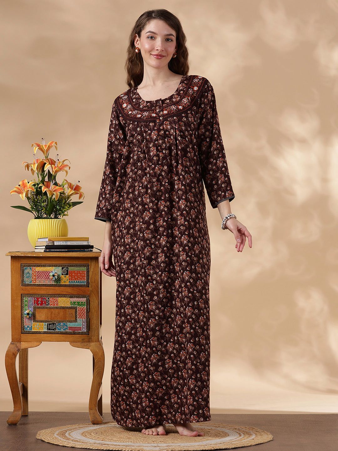 Orange Shade Alpine Floral Embroidered Best Nighty Dress For Women