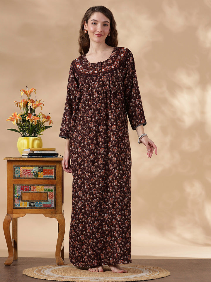 Orange Shade Alpine Floral Embroidered Best Nighty Dress For Women