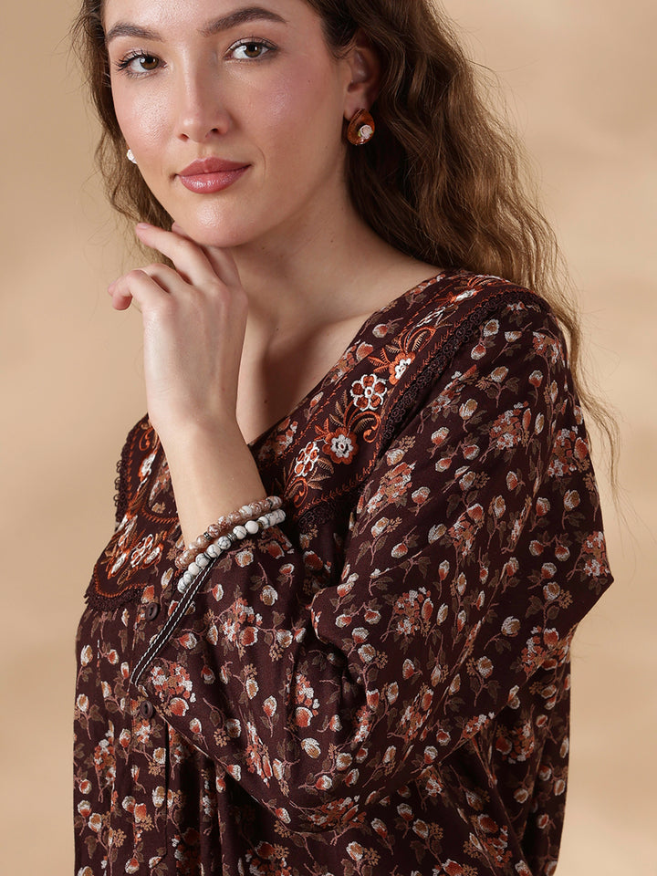 Orange Shade Alpine Floral Embroidered Best Nighty Dress For Women