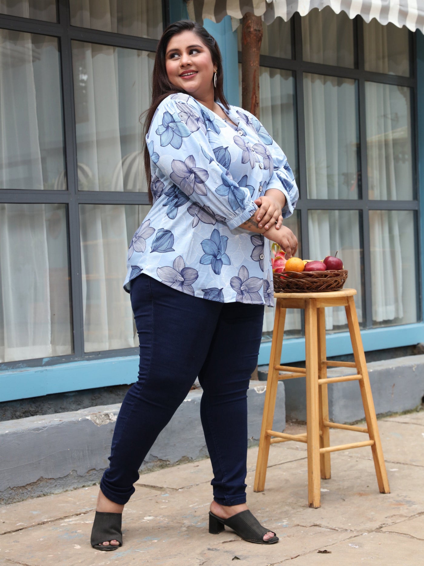 Cotton Blend Top V Neck Blue