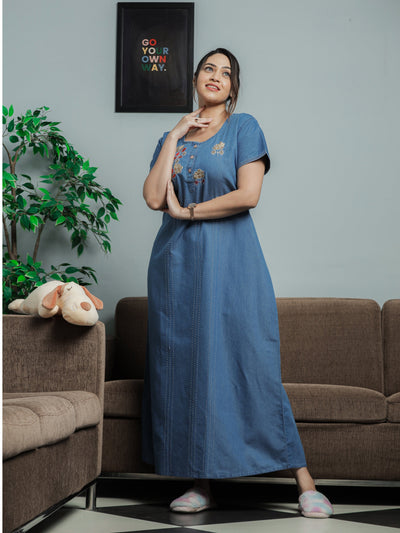Denim Designer Nighty Flower Embroidery Sky Blue