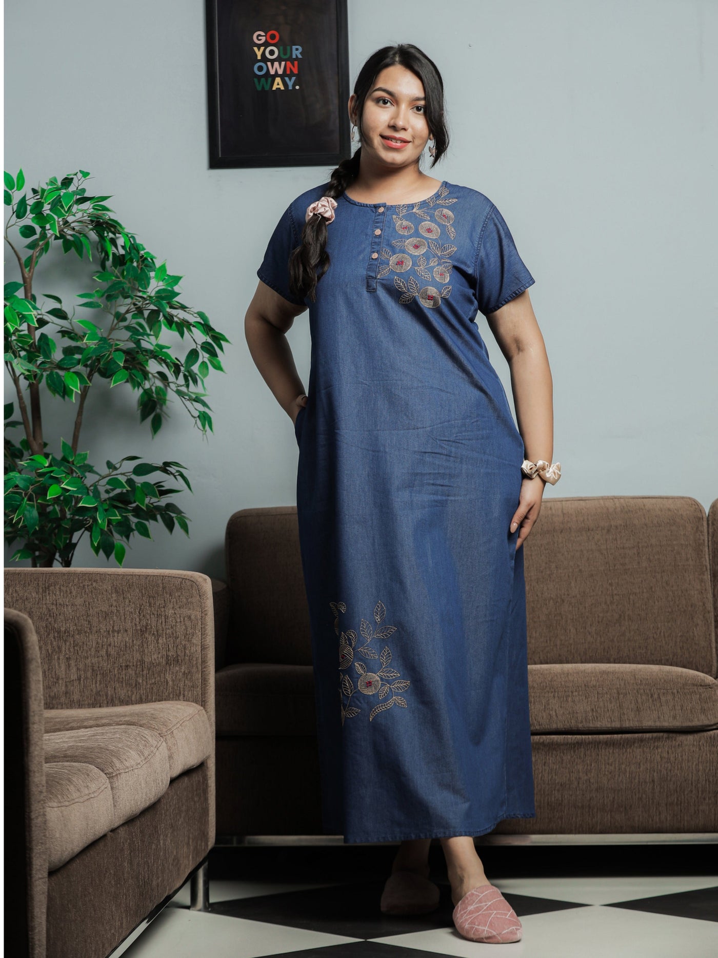 Denim Designer Nighty Leaf & Coin Embroidery Dark Blue