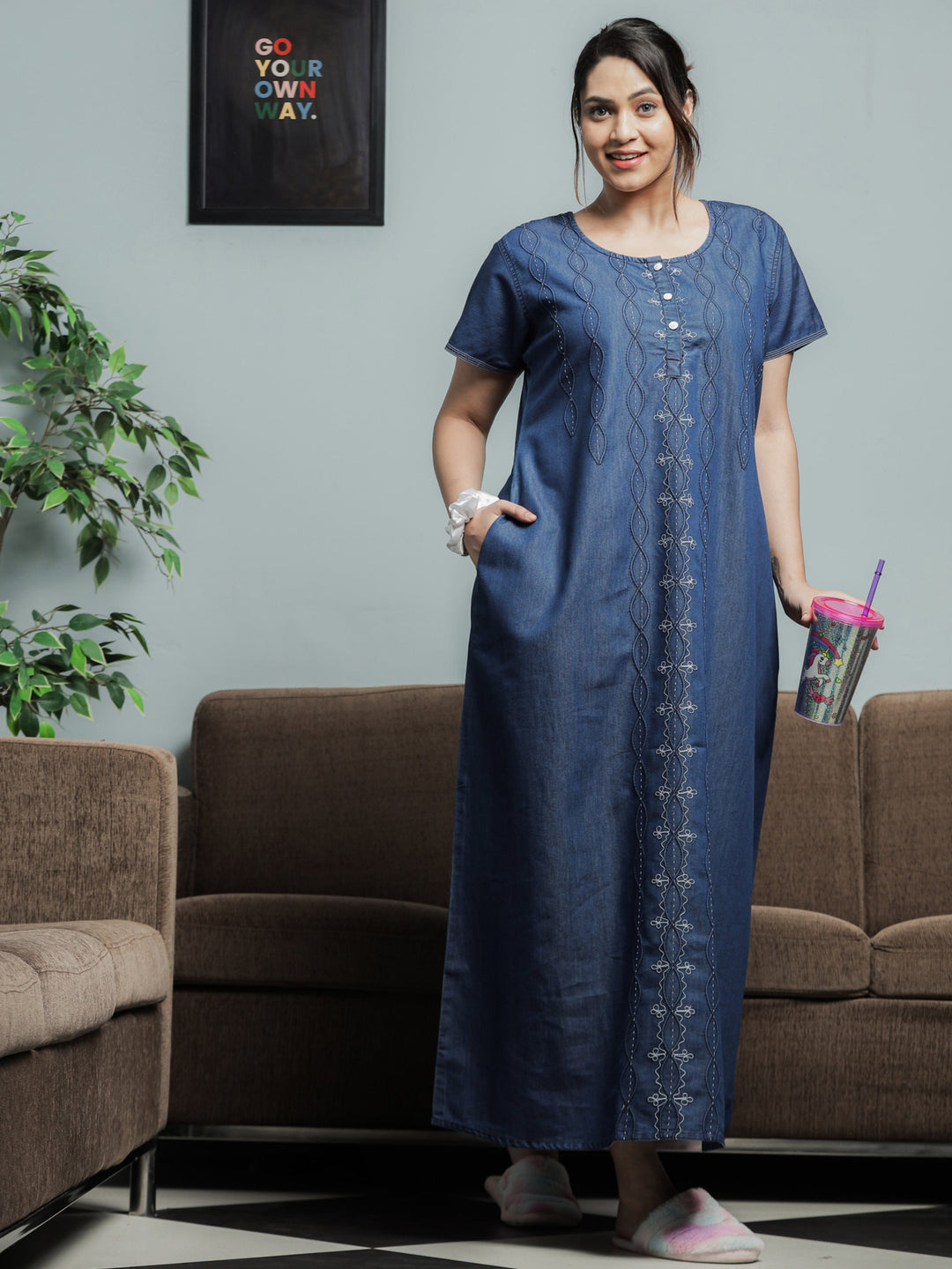 Stylish Dark Blue Denim Nighty Dress For Women