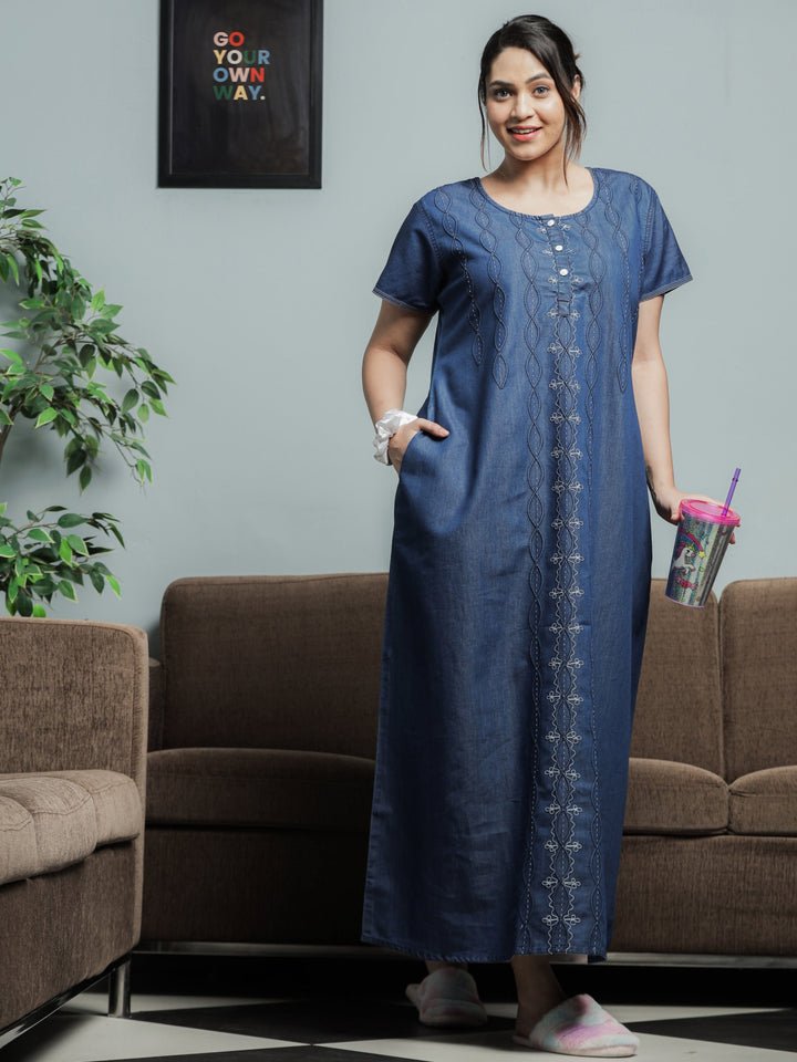Stylish Dark Blue Denim Nighty Dress For Women