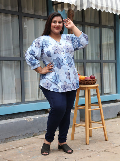 Cotton Blend Top V Neck Blue