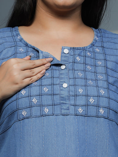 Denim Designer Nighty Checks Puff Sky Blue