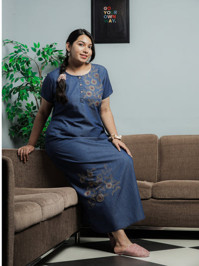 Denim Designer Nighty Leaf & Coin Embroidery Dark Blue