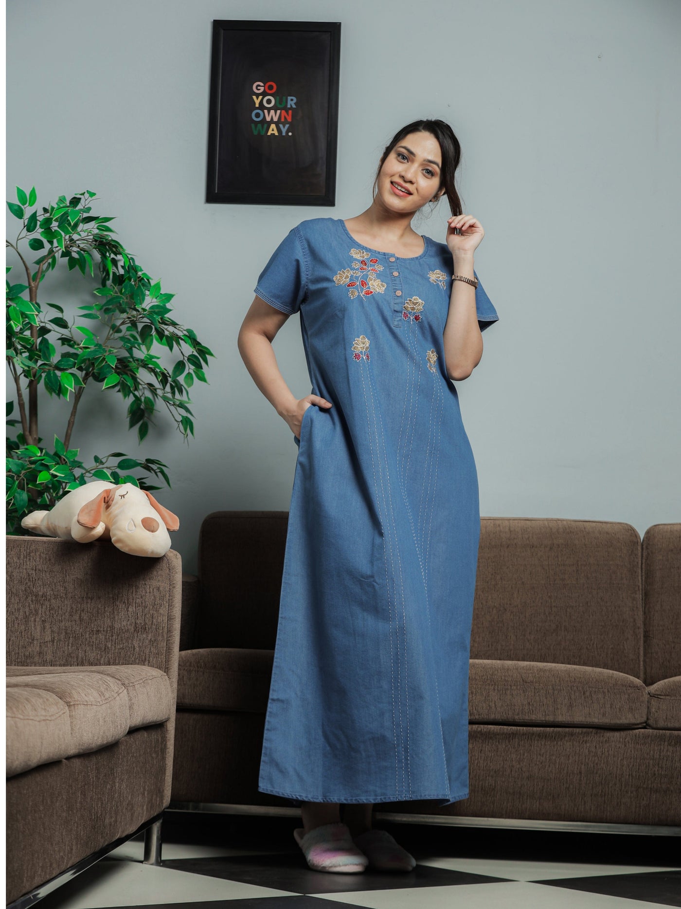 Denim Designer Nighty Flower Embroidery Sky Blue