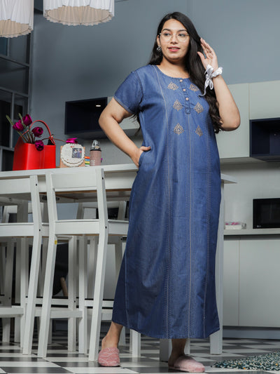 Denim Designer Nighty Leaf Embroidery Dark Blue