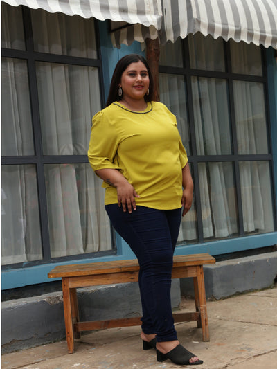 Viscose Blend Top Round Neck With Zip Mustard Yellow