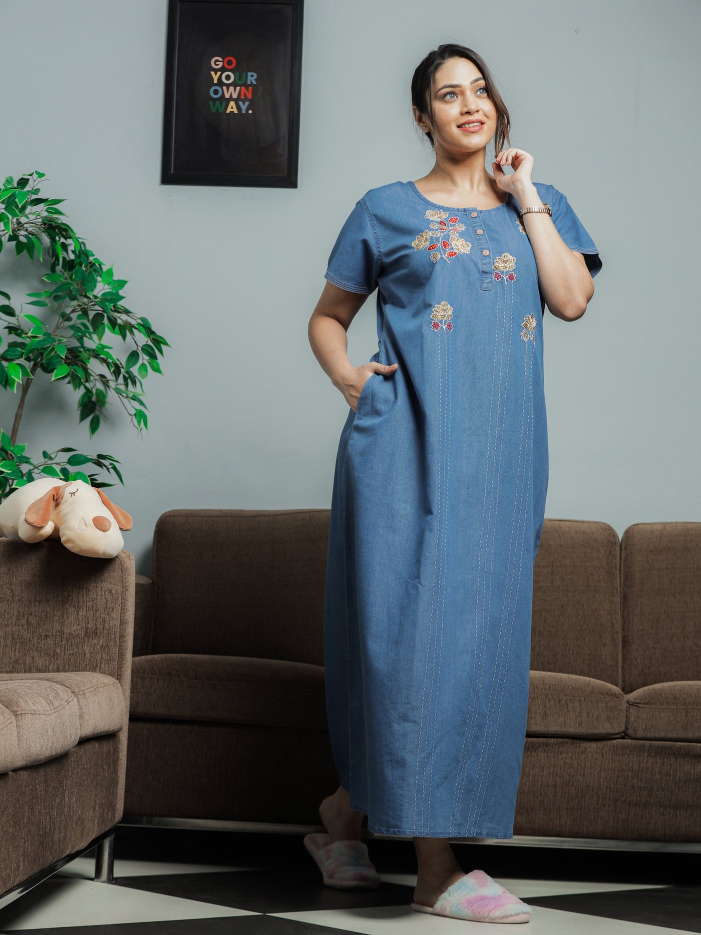 Denim Designer Nighty Flower Embroidery Sky Blue