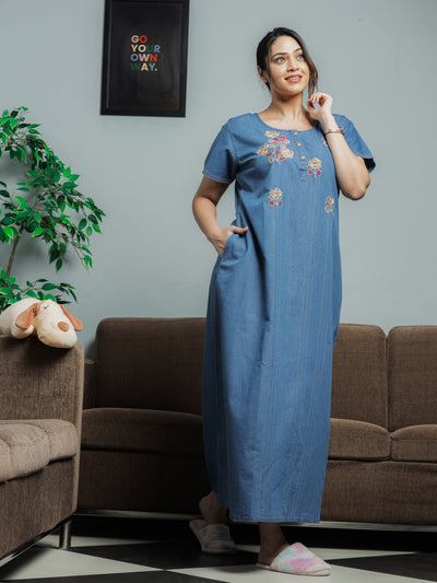 Denim Designer Nighty Flower Embroidery Sky Blue
