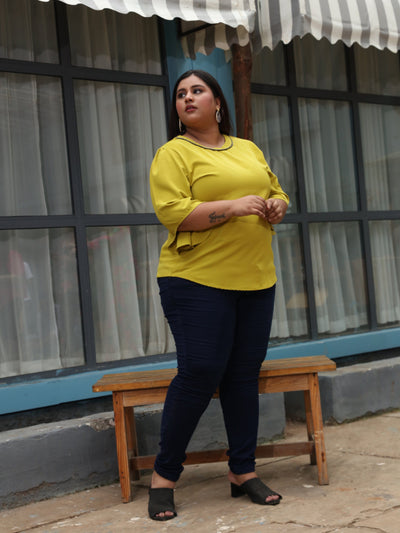 Viscose Blend Top Round Neck With Zip Mustard Yellow