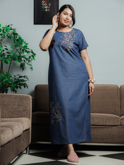 Denim Designer Nighty Leaf & Coin Embroidery Dark Blue