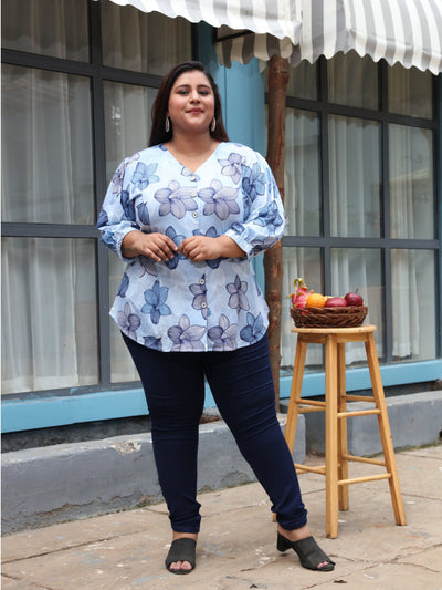 Cotton Blend Top V Neck Blue