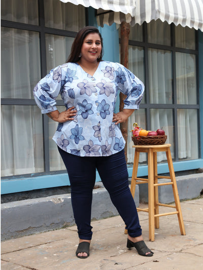 Cotton Blend Top V Neck Blue