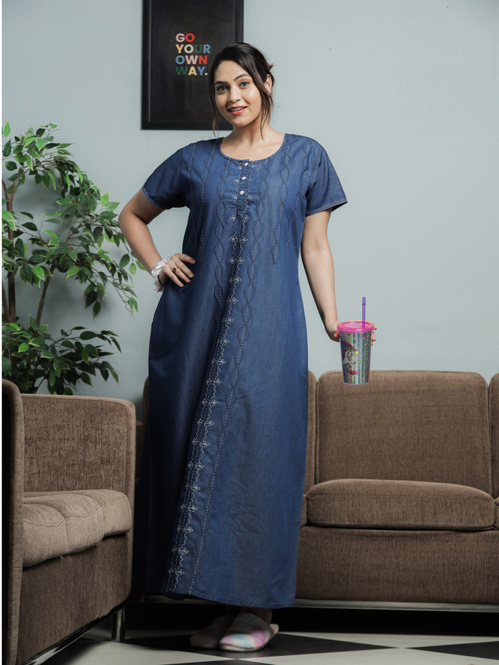 Stylish Dark Blue Denim Nighty Dress For Women