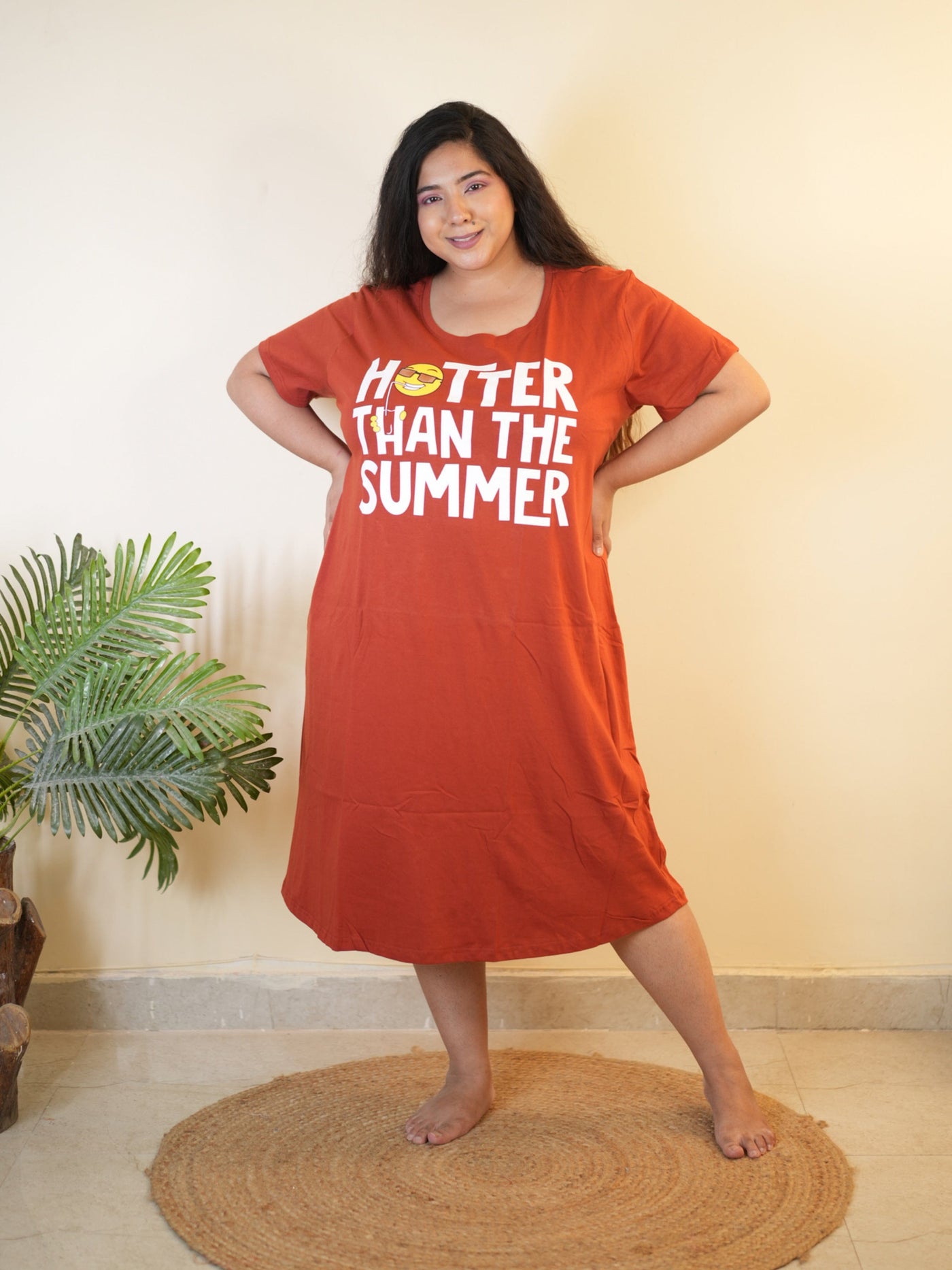 Hosiery Cotton Short Nighty Plus Size Fire Brick