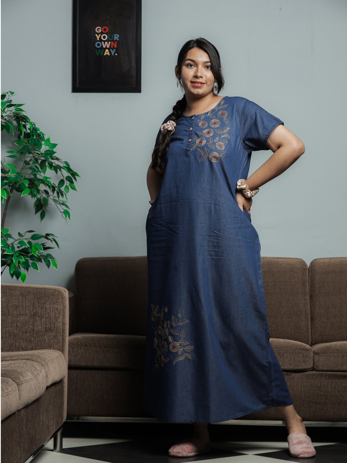 Denim Designer Nighty Leaf & Coin Embroidery Dark Blue
