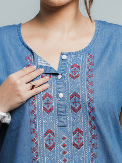 Denim Designer Nighty Embroidery Neck Sky Blue