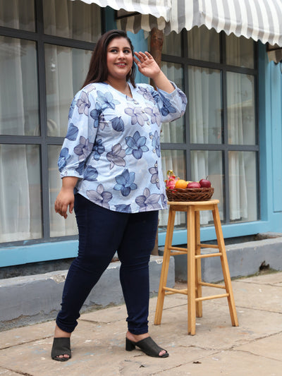 Cotton Blend Top V Neck Blue