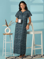 Paisley Print Pure Cotton Nighty with Pintuck Embroidered Panel in Regal Blue