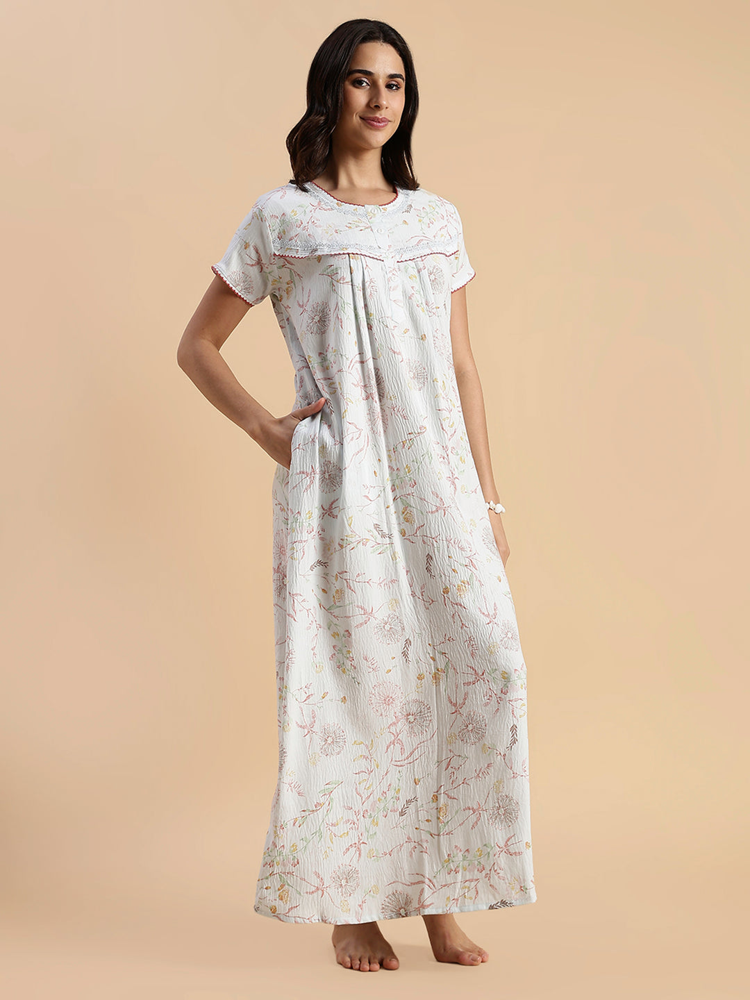 Pastel Blue Floral Crush Cotton Best Nighty For Women