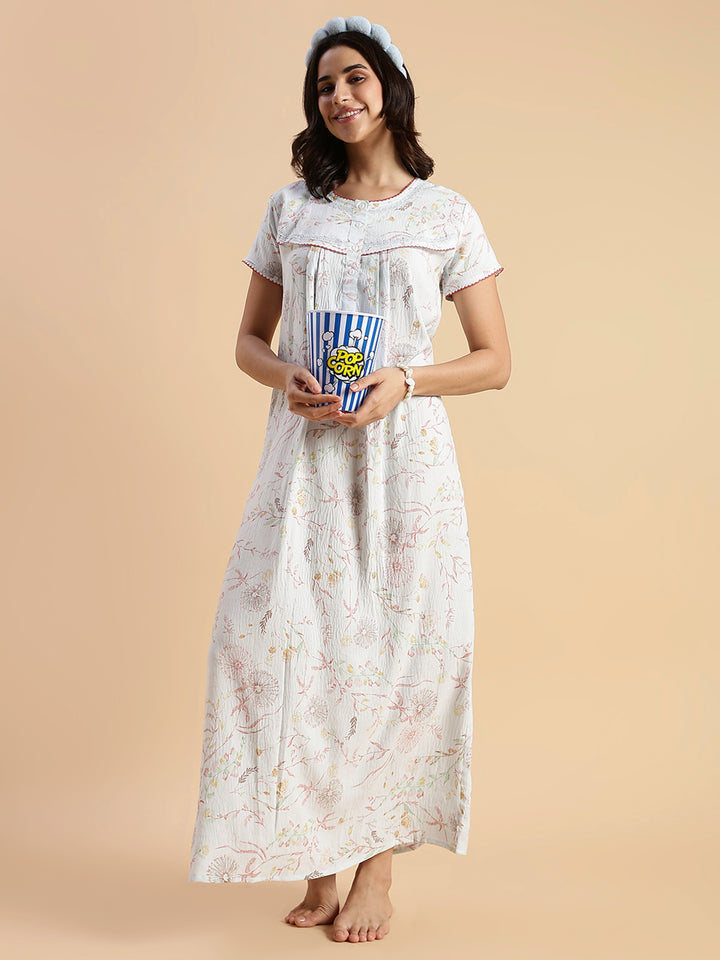 Pastel Blue Floral Crush Cotton Best Nighty For Women