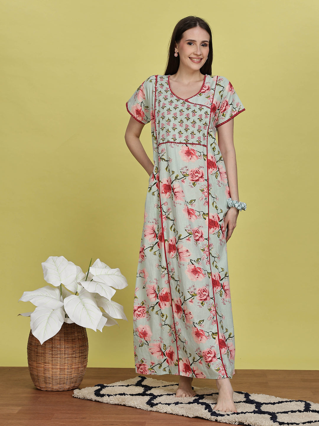 Pastel green floral jaipuri cotton night dress for women