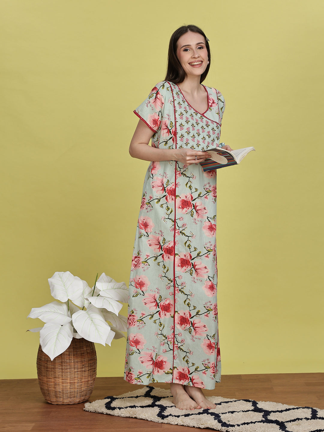 Buy Pastel Green Floral Jaipuri Cotton Night Dress for Women – 9shines label