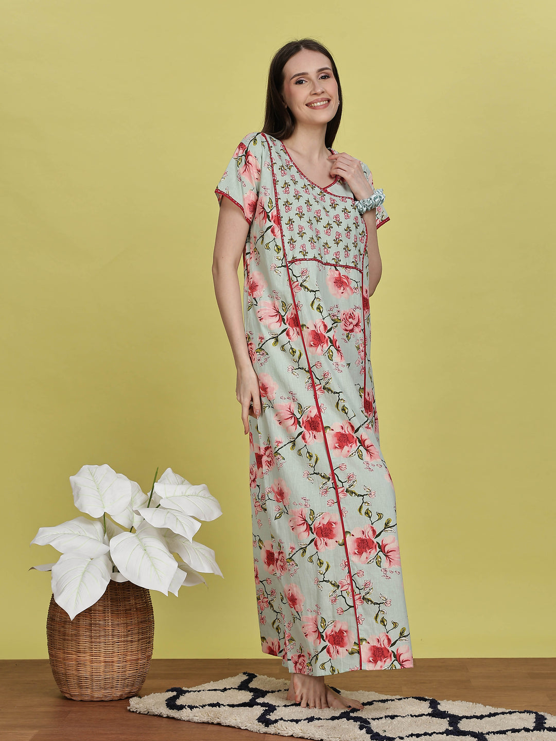 Buy Pastel Green Floral Jaipuri Cotton Night Dress for Women  9shines label