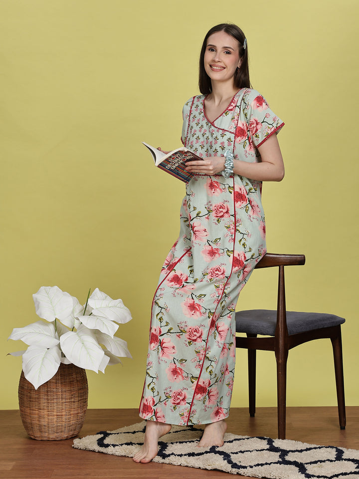 Pastel green floral jaipuri cotton night dress for women